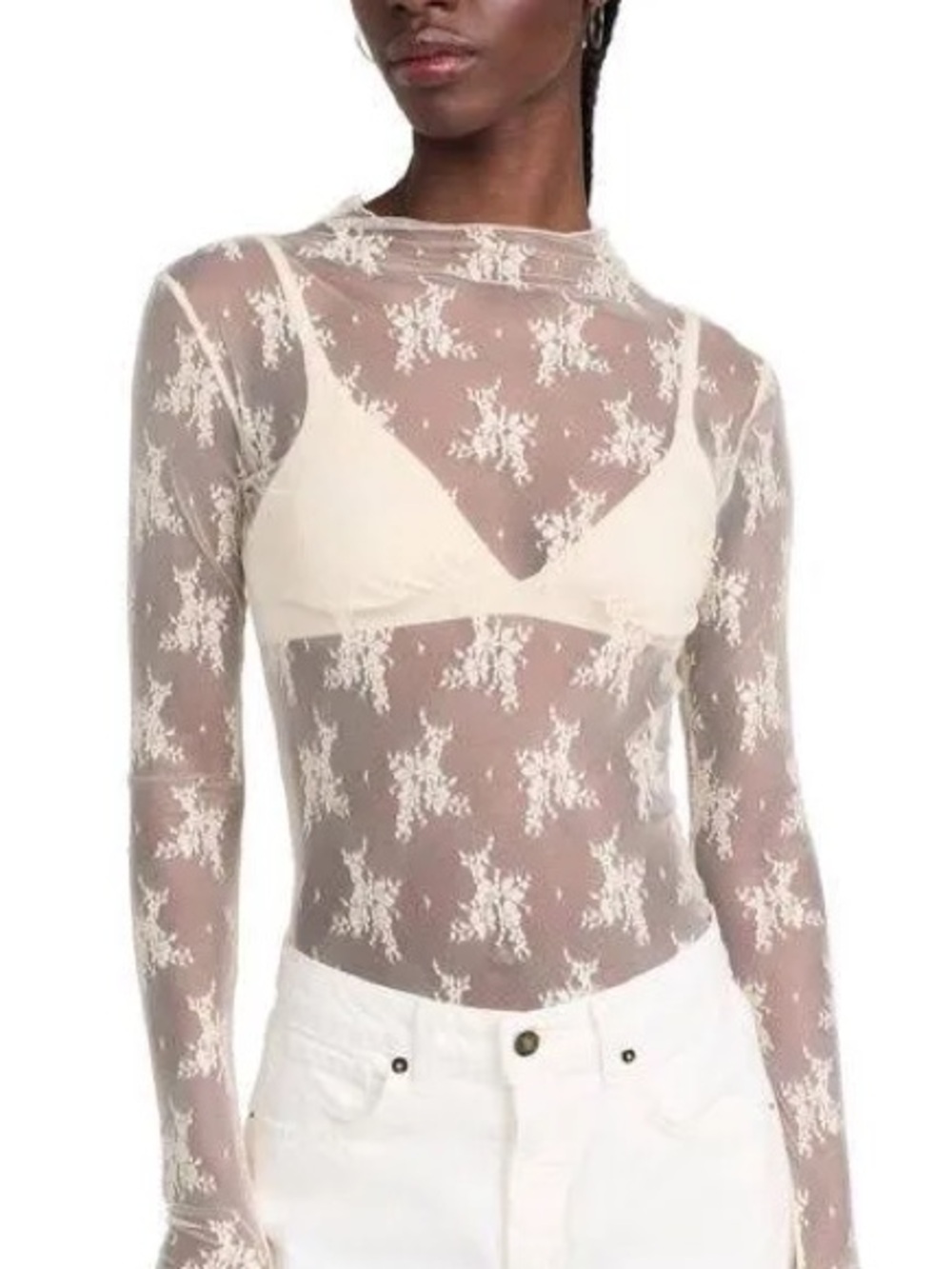 Sheer Long-Sleeve Floral Lace Top in Ivory - Picture 2 of 12